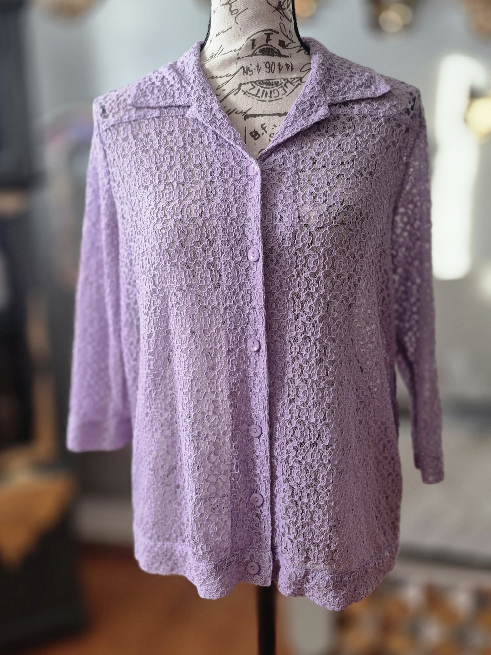 BonWorth Vintage Lilac Lace Casually Romantic Button-Down Blouse XS